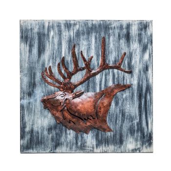 Decorative Reindeer 3D Wood Metal Wall Art Decor in Blue and Rusty Bronze