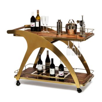 French Brass Wooden Serving Drinks Trolley Bar Cart