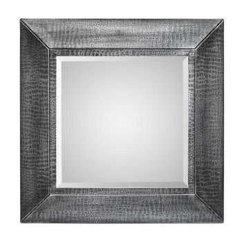 Square Wall Mirror with Croc Pattern Frame in Silver Finish