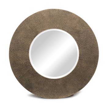 Round Wall Mirror with Croc Pattern Frame in Gold Black Finish