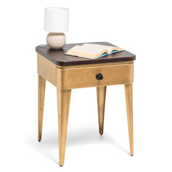 Modern Bedside Table in Brass Finish with Storage Drawer and Wood Top