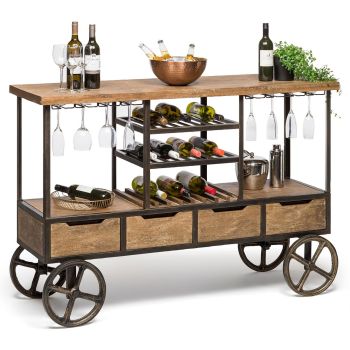 Industrial Style Wooden Bar Cart Drinks Trolley Station with Wine Bottle Rack