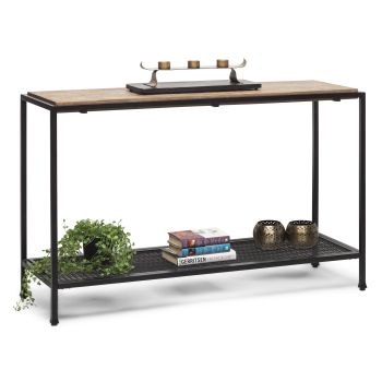 Black Iron Hallway Console Table with Distressed Wood Top