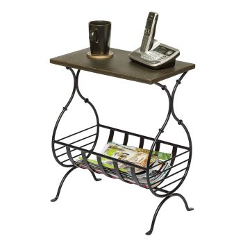 Black Iron Narrow Side Table with Magazine Storage and Gold Finish Top