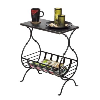 Black Iron Side Table with Magazine Storage and Silver Finish Top