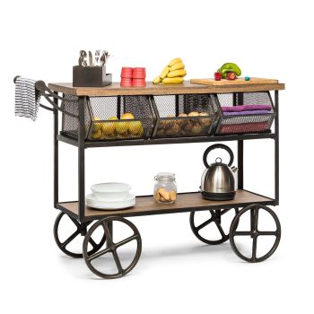 Retro Wooden Kitchen Island Trolley on Wheels with Storage Drawers