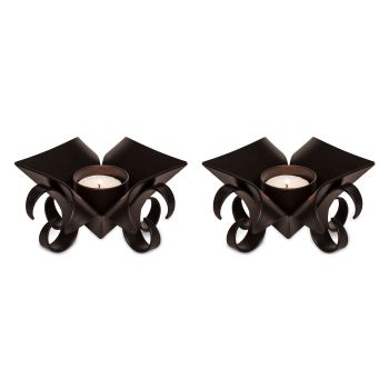 Decorative Black Metal Lotus Tea Light Candle Holders in Set of 2