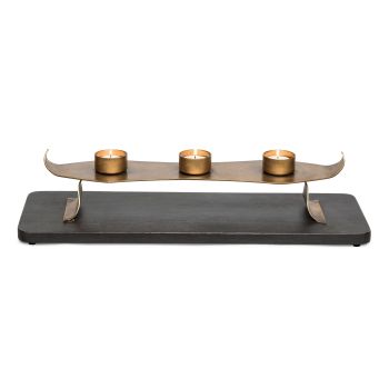 Decorative Black Gold Tea Light Metal Candle Holder Stand with Wooden Base