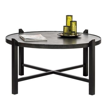 Modern Black Round Coffee Table with Silver Finish Engraved Top