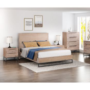 4 Pieces Bedroom Suite made in Solid Wood Acacia Veneered King Size Oak Colour 1X Bed, 2X Bedside Table & 1X Tallboy