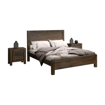 4 Pieces Bedroom Suite in Solid Wood Veneered Acacia Construction Timber Slat King Size Chocolate Colour Bed, Bedside Table & Dresser