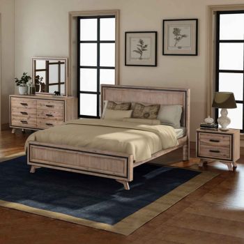 4 Pieces Bedroom Suite King Size Silver Brush in Acacia Wood Construction Bed, Bedside Table & Dresser