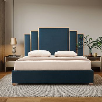 Austin Bed Frame Polyester Turquoise Fabric Padded Upholstery High Quality Slats Polished Stainless Steel Feet