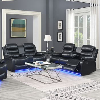 3-2 Seater Seater Finest Black Leatherette Recliner Feature Console LED Light Ultra Cushioned