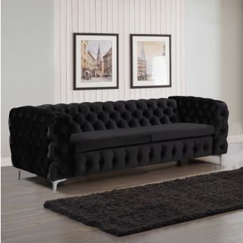 3 Seater Sofa Classic Button Tufted Lounge in Black Velvet Fabric with Metal Legs