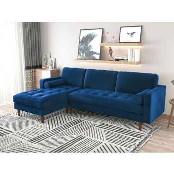 Velvet Upholstery 2 Seater Tufted Sofa Blue Color Lounge Set for Living Room Couch with Chaise