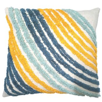 Cream cushion with blue/yellow tufted stripes 45x45cm