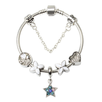 Women Silver Plated Bracelet Snake Chain with Classic Bead Barrel Clasp and Blue Star Pendant(18cm)