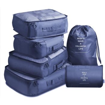 6 Pcs Waterproof Compression Packing Cubes Large Travel Luggage Organizer Storage (Navy)