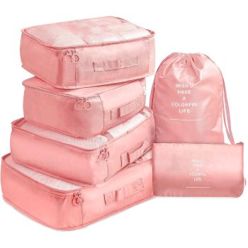 6 Pcs Waterproof Compression Packing Cubes Large Travel Luggage Organizer Storage (Pink)