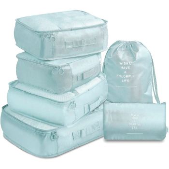 6 Pcs Waterproof Compression Packing Cubes Large Travel Luggage Organizer Storage (Light Blue)