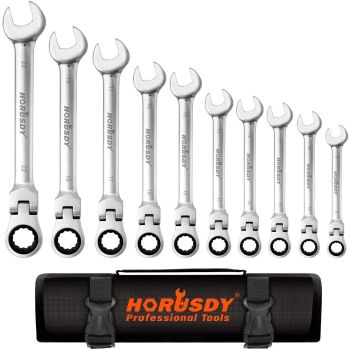 10Pc Flexible Head Ratchet Spanner Set Metric Wrench CRV With Carry Pouch 8-22MM