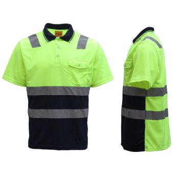 HI VIS Short Sleeve Workwear Shirt w Reflective Tape Cool Dry Safety Polo 2 Tone, Fluoro Yellow / Navy, XS