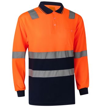 HI VIS Long Sleeve Workwear Shirt w Reflective Tape Cool Dry Safety Polo 2 Tone, Fluoro Orange / Navy, 3XL