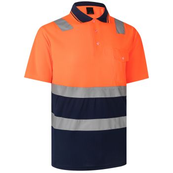 HI VIS Short Sleeve Workwear Shirt w Reflective Tape Cool Dry Safety Polo 2 Tone, Fluoro Orange / Navy, 3XL