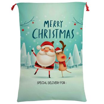 Large Christmas XMAS Hessian Santa Sack Stocking Bag Reindeer Children Gifts Bag, Cartoon Santa w Reindeer