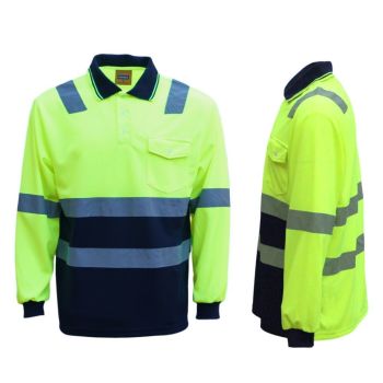 HI VIS Long Sleeve Workwear Shirt w Reflective Tape Cool Dry Safety Polo 2 Tone, Fluoro Yellow /Navy, 4XL