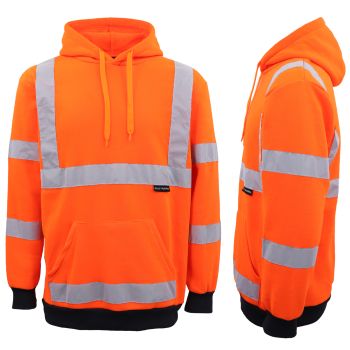 HI VIS Hooded Safety Jumper Hoodie Sweatshirt Tradie Workwear Fleece Jacket Coat, Fluro Orange, S