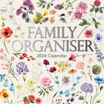 Floral Family Organiser 2024 Square Wall Calendar 16 Month School Flower Planner