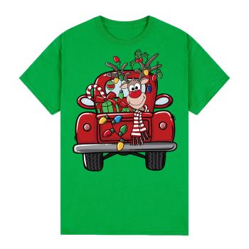 100% Cotton Christmas T-shirt Adult Unisex Tee Tops Funny Santa Party Custume, Car with Reindeer (Green), S