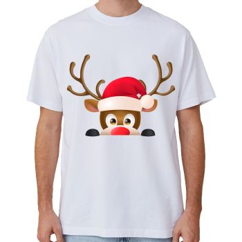 100% Cotton Christmas T-shirt Adult Unisex Tee Tops Funny Santa Party Custume, Reindeer Head (White), M