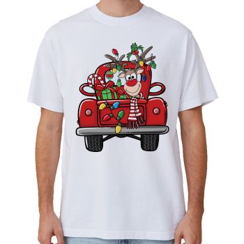 100% Cotton Christmas T-shirt Adult Unisex Tee Tops Funny Santa Party Custume, Car with Reindeer (White), XL