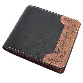 Mens Wallet Australian Kangaroo Leather Bifold Souvenir Gift Coin Card Holder, Black & Tan Boomerang