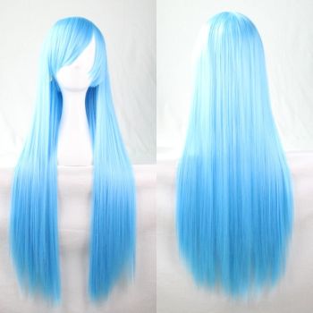 New 80cm Straight Sleek Long Full Hair Wigs w Side Bangs Cosplay Costume Womens, Aqua