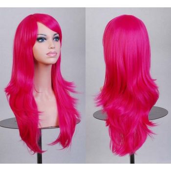 70cm Wavy Curly Sleek Full Hair Lady Wigs w Side Bangs Cosplay Costume Womens, Hot Pink