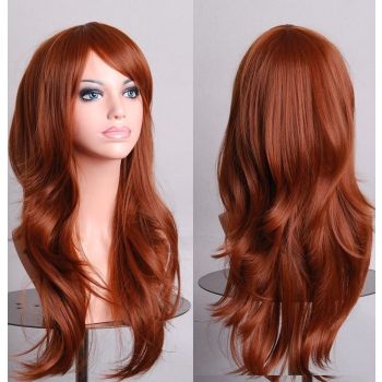 70cm Wavy Curly Sleek Full Hair Lady Wigs w Side Bangs Cosplay Costume Womens, Brown