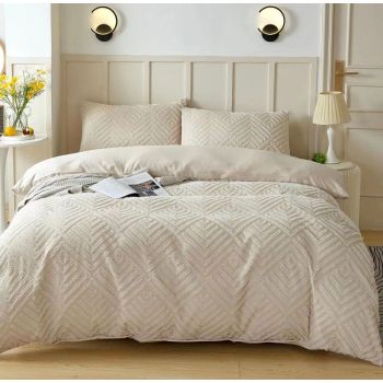 Tufted Textured Jacquard Quilt Cover Set- Beige - Queen Size