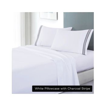 soft microfibre embroidered stripe sheet set queen white pillowcase charcoal stripe