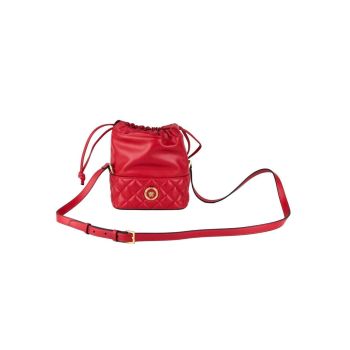 Red Quilted Leather Drawstring Shoulder Bag Bucket Crossbody Handbag One Size Women