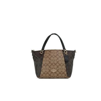 COACH Women's Kacey Khaki Brown Blocked Signature Canvas Top Zip Satchel Handbag - One Size