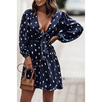 Azura Exchange Dot Print A-Line Dress with Deep V Neck and Balloon Sleeves - L