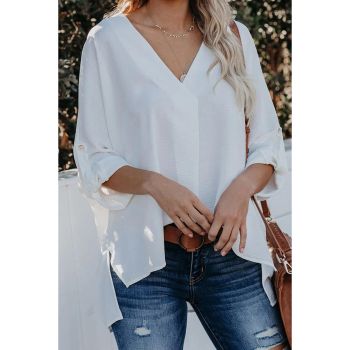 Azura Exchange V Neck 3/4 Sleeve High Low Hem Shirt - M