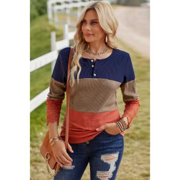 Azura Exchange Lace Splicing Color Block Long Sleeve Top - L