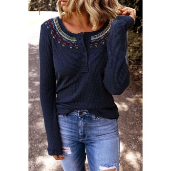 Azura Exchange Embroidered Navy Blue Waffle Top - L