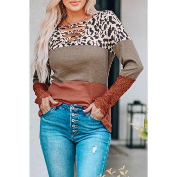 Azura Exchange Leopard Color Block Lace Splicing Top - S