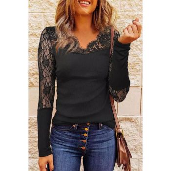 Azura Exchange Lace Splicing Ribbed Long Sleeve Top - 2XL